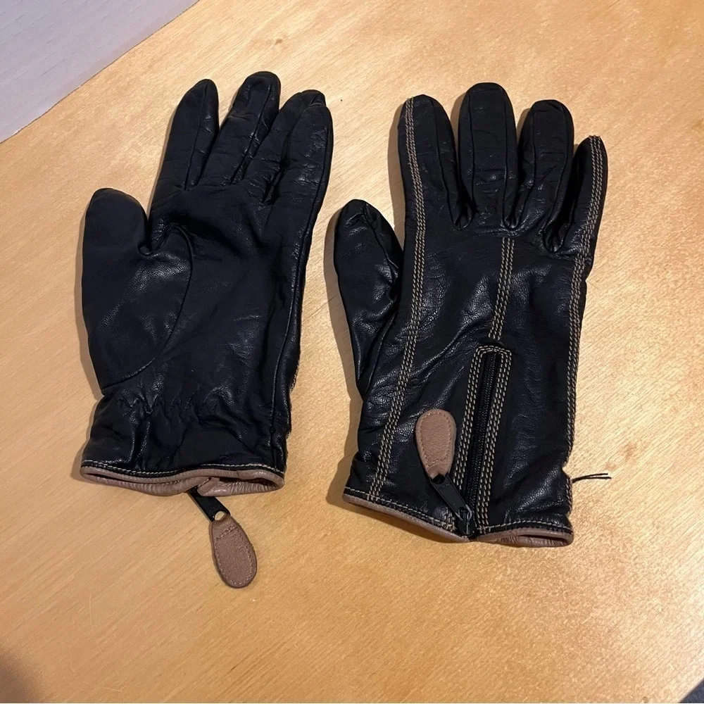 Vintage Fratelli Forino Gloves Size Women 7.5 Black Brown Cashmere Lined Leather